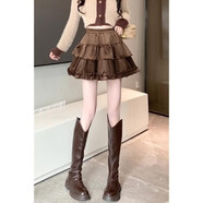 菲尼東爵秋冬加厚金絲絨蛋糕裙日系短裙百褶層層拼接蓬蓬半身裙女裙 咖啡色 L __建議110-120斤
