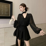 凰巣法式長(cháng)袖襯衫連衣裙女夏秋季性感百褶雪紡裙胖MM遮肚顯瘦短裙子 黑色（95-120）