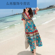 澳顏萊德國品質波西米亞風格長裙海邊度假沙灘裙碎花連衣裙顯白夏天仙女 藍底黃花 L x 建議115125斤