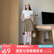 蘿美醬百褶裙松緊腰高腰彈力a字夏季小個(gè)子短裙子女胖mm顯瘦春秋半身裙 咖啡色（松緊腰帶口袋） S 【建議80-90斤】