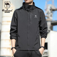 西域駱駝（VANCAMEL）夾克男春秋沖鋒衣外套長(zhǎng)袖上衣連帽防風(fēng)戶外登山服 黑色  XL