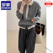羅蒙（ROMON）春秋外穿翻領(lǐng)拼色假兩件羊毛絨針織開(kāi)衫女韓版寬松長(cháng)袖短款毛衣厚 100%純羊毛-灰白 優(yōu)選品質(zhì)-女裝 M