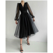 HUALIN FASHION歐美仙女性感深V網(wǎng)紗泡泡袖長裙顯瘦收腰禮服 黑色 M