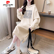 皮爾卡丹（pierre cardin）中長(cháng)款過(guò)膝加絨加厚連帽衛衣裙女秋冬2025新款寬松內搭長(cháng)袖連衣裙 900-101-杏色(薄款) S (建議70-90斤)