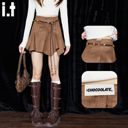 :CHOCOOLATE  it女裝秋冬裙子不規則百搭麂皮絨半身裙個(gè)性a字高腰顯瘦短裙女 咖色 M