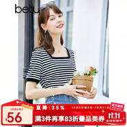 betu百圖女裝T恤復(fù)古法式風(fēng)小清新短袖方領(lǐng)條紋短袖T恤女 黑白條 S