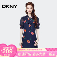 唐可娜兒（DKNY）【京東奧萊】夏季新款印花雪紡連衣裙女時(shí)尚收腰顯瘦氣質(zhì)短袖DD2A 黑色 M