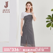 經(jīng)典故事（JANE STORY）2024新款高端精致設(shè)計感格子連衣裙女時尚氣質(zhì)雪紡拼接假兩件裙子 R73黑白格 L