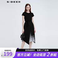 S.DEER圣迪奧夏季女裝時尚百搭圓領(lǐng)收腰拼接撞色連衣裙S21281215 黑色/91 S 160