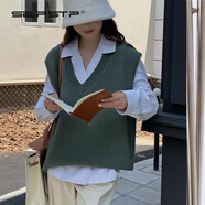夏典素訂女王（SE.PSTP）柔絨背心女韓國寬松V領(lǐng)針織馬甲外穿無袖毛衣中長款套頭柔絨坎肩 墨綠【不開叉】  S 建議85-105斤
