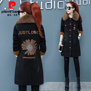 皮爾卡丹中長(cháng)款牛仔加絨外套女秋冬季新款大毛領(lǐng)羊羔絨拼接棉衣加厚棉服女 黑色 中長(cháng)款菊花 L 100-115斤