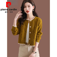 皮爾卡丹（pierre cardin）100%羊毛針織開衫大紅色毛衣外套女小款外搭配裙春秋新款時(shí)尚短款 黃色 M 95-110斤