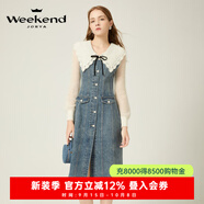 卓雅周末（JORYA weekend）24冬新款鉤花V領(lǐng)鏤空針織拼接牛仔開(kāi)叉連衣長(cháng)裙EJWDDW36 牛仔藍 S