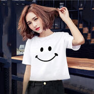 蘭威費雷夏季休閑短裝少女短袖寬松短款TT恤學(xué)生高腰衣服露臍上衣服漏肚臍 001白色笑臉 S