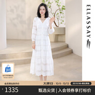 歌力思（ELLASSAY）博主同款春秋新款法式V領(lǐng)氣質(zhì)留洋千金高腰顯瘦長款小白裙女 白色織繡花-小個(gè)子版 XS