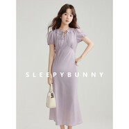 瞌睡兔紫色短袖連衣裙女法式溫柔氣質(zhì)小個(gè)子收腰修身泡泡袖 薰衣草紫- S