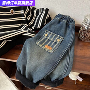 雷姆汀加絨褲子秋冬男女童抓痕長(cháng)褲寶寶加厚寬松軟牛仔褲潮 藍色 加絨 (包腰) 100 碼建議身高90-100cm
