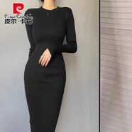 皮爾卡丹（pierre cardin）長(cháng)款加厚毛衣圓領(lǐng)連衣裙女秋冬修身包臀打底衫內搭針織過(guò)膝長(cháng)裙 黑色 均碼