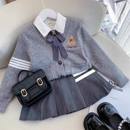 鐳鐳鴨女童jk制服套裝秋裝2025春秋新款小女孩學(xué)院風(fēng)三件套兒童針織外套 灰色開(kāi)衫+灰領(lǐng)結襯衫+百褶裙三件套 110 尺碼(適合100cm左右)