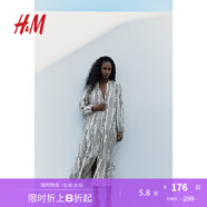 H&M女裝花卉連衣裙秋季通勤透氣印花長袖燈籠袖長裙連身裙1239045 奶油色/黑色花卉 建議拍小一碼 XL 170/116