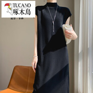 啄木鳥(niǎo)（TUCANO）針織連衣裙秋冬中長(cháng)款半高領(lǐng)毛衣女純色短袖寬松內搭打底針織衫女 黑色 L 110-145