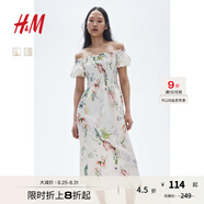 H&M女裝花卉連衣裙秋季花朵泡泡一字肩短袖植物印花長(zhǎng)裙1230970 白色/花卉 XL 170/116