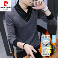 皮爾卡丹（pierre cardin）秋冬長袖T恤男士V領內(nèi)搭打底衫百搭重磅純棉半高領假兩件衣黑體恤 T101深灰 加絨 XL