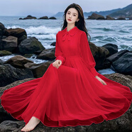 恒源祥時(shí)尚減齡娃娃領(lǐng)高端連衣裙2025超仙法式氣質(zhì)長(cháng)款到腳踝度假長(cháng)裙子 紅色 M