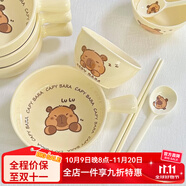 喆系釉下彩可愛卡通一人食陶瓷餐具泡面碗高顏值焗飯碗手柄碗飯碗 釉下彩 勺子+筷子