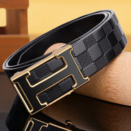 愛(ài)馬男仕輕奢2025新款商務(wù)皮帶真皮自動(dòng)扣男士腰帶H扣年輕人百搭 金扣-格紋 黑帶 110cm