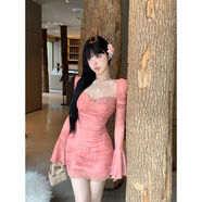 皓舒純欲方領(lǐng)印花設計感長(cháng)袖連衣裙女內搭性感蕾絲拼接收腰包臀短裙子 粉紅色 L
