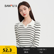 三福毛衣2024秋季側(cè)邊抽繩V字翻領(lǐng)毛針織衫上衣女裝490531 黑白條 S