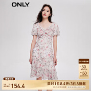 ONLY時尚甜美泡泡袖V領中裙碎花連衣裙女|123207140 彩花1 XS (155) 76A