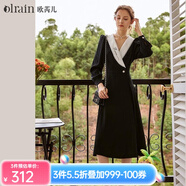 Olrain歐芮兒赫本風(fēng)連衣裙女秋冬收腰顯瘦法式復(fù)古拼色翻領(lǐng)長(zhǎng)裙 黑色 M 160/84A