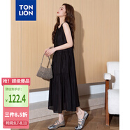 唐獅（TonLion）2025夏女圓領(lǐng)黑色吊帶連衣裙