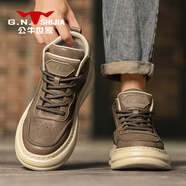 公牛世家（G.N.Shi Jia）男鞋板鞋秋冬小麥色潮牌高幫運(yùn)動(dòng)鞋真皮厚底增高休閑皮鞋 卡其色 39