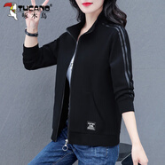 啄木鳥(niǎo)短外套女春秋季新款休閑寬松修身女裝高檔女士衛衣短款針織夾克 黑色 XL（推薦110-125斤）