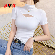 雅鹿半高領(lǐng)短袖t恤女夏季修身內搭打底衫中領(lǐng)鏤空高級感上衣2025新款 一件裝(白色) L (建議107-118斤)