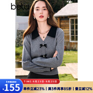 百圖betu女裝秋季新款毛針織衫拼色翻領(lǐng)甜美紐扣針織衫女2408T10 灰色 XS