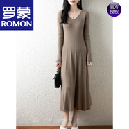 羅蒙（ROMON）氣質(zhì)V領(lǐng)100純羊毛針織連衣裙女秋冬內搭毛衣裙顯瘦羊毛絨長(cháng)裙 本紫色 S