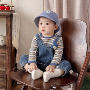迪士尼（DISNEY）嬰兒秋季衣服背帶褲衛(wèi)衣兩件套春秋秋裝洋氣新款寶寶秋天恐龍?zhí)籽b 條紋恐龍牛仔背帶套裝(新品)兩件套 90