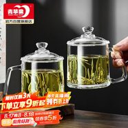 青蘋果泡茶杯帶蓋 無鉛玻璃把手水杯玻璃杯商務(wù)會議家用350ML兩只裝