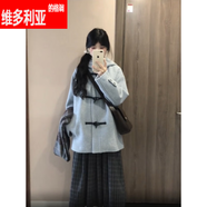 維多利亞的格調(diào)牛角扣連帽短款毛呢大衣女2025秋冬新款小個子韓系寬松顯瘦外套潮 藍色 S