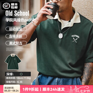 馬登工裝撞色polo領(lǐng)短袖美式復古刺繡打底衫學院風翻領(lǐng)重磅t恤男夏 深綠色 版型寬松 S