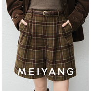 美洋（MEIYANG）英格蘭短褲 英倫學(xué)院 復古格紋休閑A字闊腿褲顯瘦棕色秋季新款女 格紋 XL