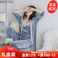 MOXTOC睡衣女冬金絲絨女士加厚三件套家居服吊帶長(cháng)袖長(cháng)褲套裝 灰色 L （105-120斤）