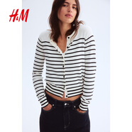 H&M【徐若晗同款】女裝毛針織衫秋慵懶短款打底衫miu系薄開(kāi)衫0579541 白色/條紋 XL 170/116