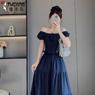 啄木鳥(niǎo)法式復古溫柔風(fēng)套裝女夏季波點(diǎn)一字肩襯衫高腰半身裙兩件套裝 藏青上衣+半身裙【套裝】 L 建議【105-115斤】