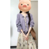 米黛蕾韓系甜美蝴蝶結(jié)蕾絲系帶翻領(lǐng)毛衣開衫外套秋法式軟糯針織衫 紫色 均碼