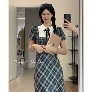 鳶諾甜辣多多【多多學姐】蝴蝶結小個子短袖格子連身裙女夏設計感小眾